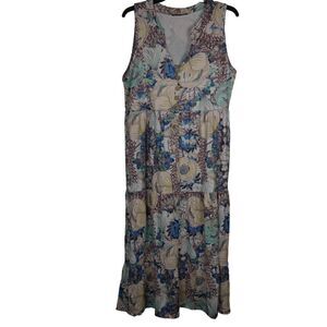 Women's Floral V-neck Button accent Midi Dress L